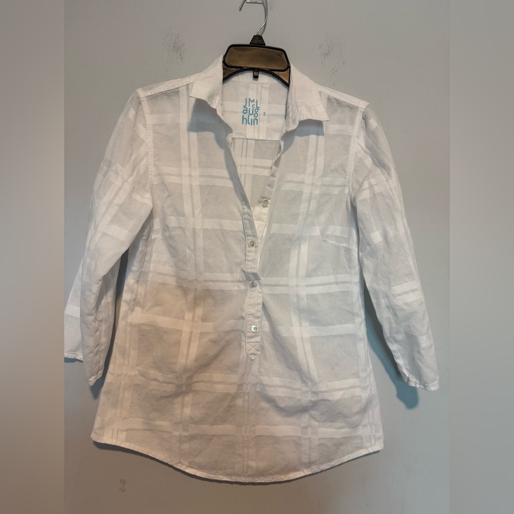 J. McLaughlin White Popover Tunic 3/4 Sleeve Collared Size Small